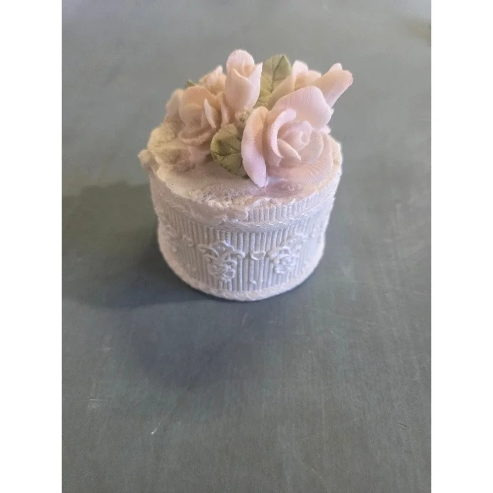 Pink Rose Floral Trinket Box Round White Resin Ornate Small Jewelry Box